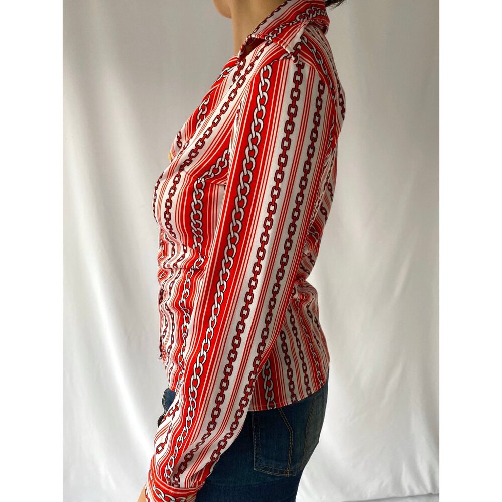 70s vintage red chain striped novelty print collared button up blouse shirt - Picture 4 of 9